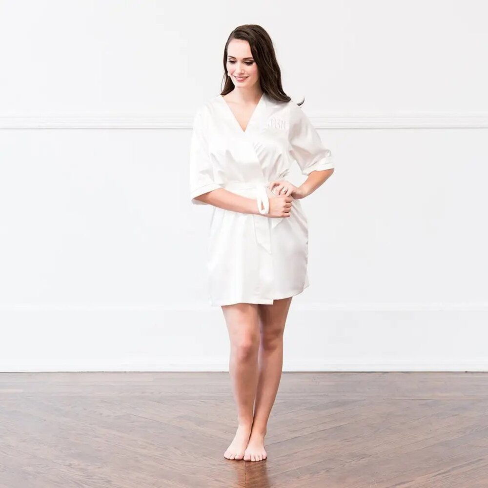 Women's Satin Robe With Pockets - White XS